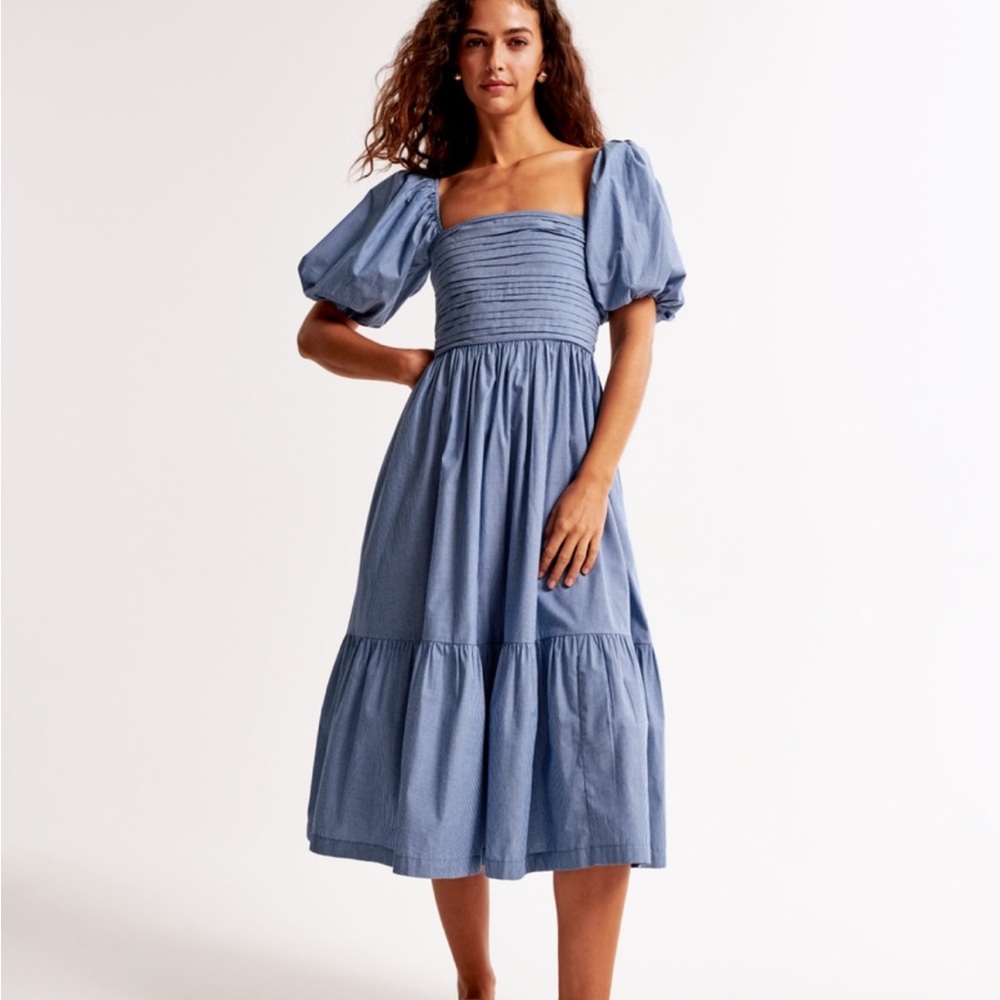 Blue Puff Sleeve Midi Dress